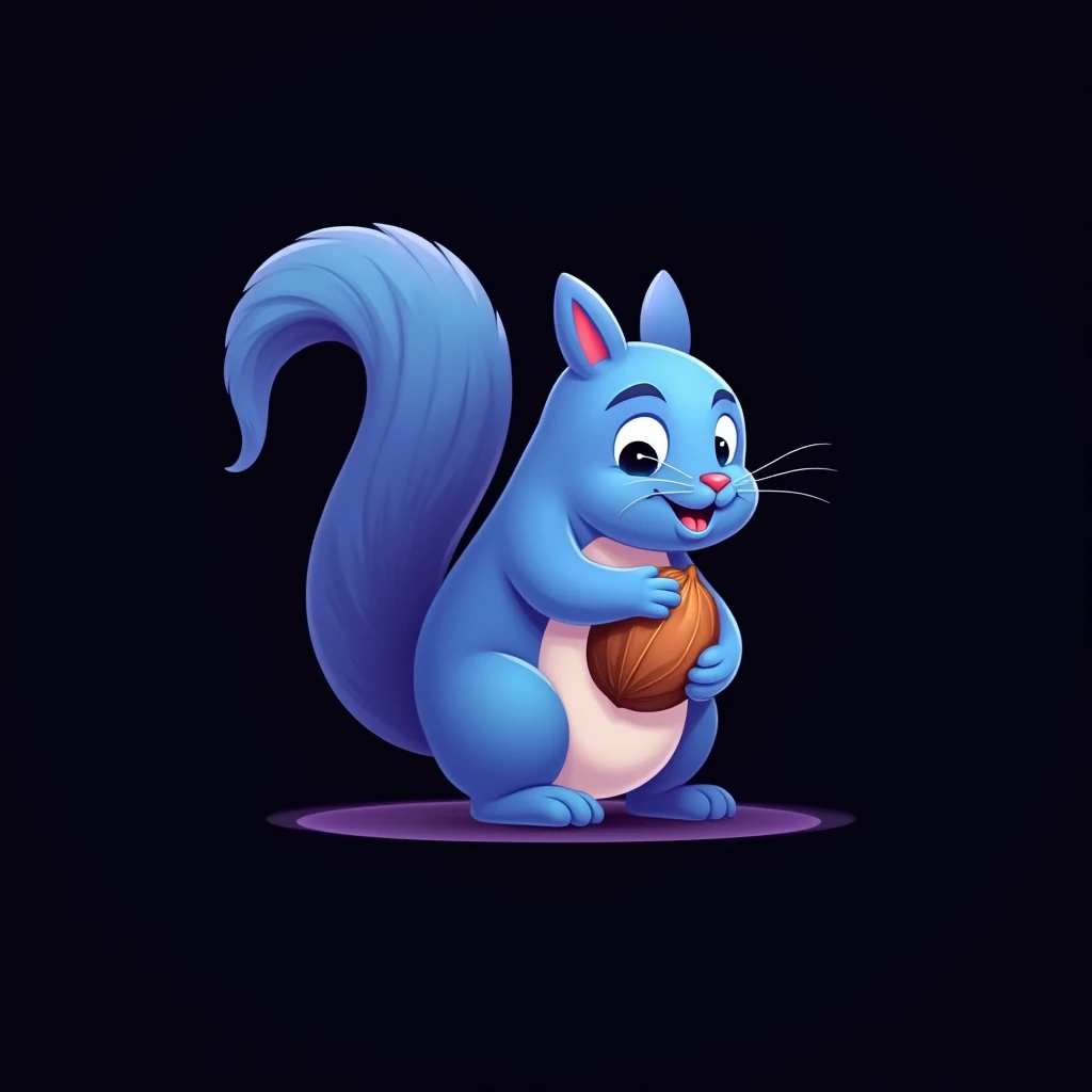 I need you to generate a logo illustration of Squirrel that is holds a nut, use blue and purple color palette, black background