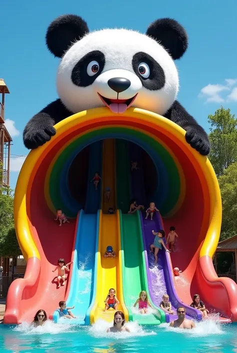 A massive Multi-Lane Funnel Water Slide crowned with a giant, multicolored panda head. The pandas face is painted in vibrant rainbow hues, with playful expressions and large, glowing eyes that captivate visitors. The slides lanes spiral down inside a colos...