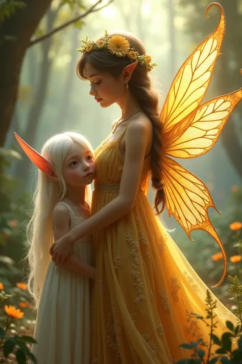  Make me a brown fairy , wearing a gold dress , golden wings and a flower headband with a white-haired elf girl,  With long ears, sick 