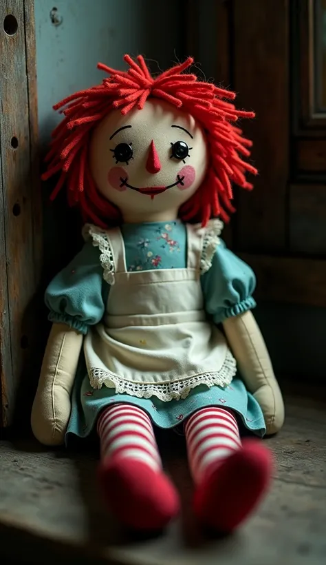 A vintage Raggedy Ann doll with a soft, fabric body and a cheerful, cartoonish face. The doll has bright red yarn hair styled in loose strands, with two large black oval eyes made of button-like fabric. The nose is a simple triangular patch in red, and the...