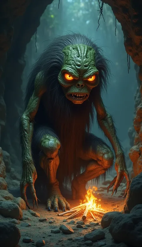  A terrifying vision of Ebu Gogo ,  a small, primitive humanoid being ,  with disheveled hair covering his entire body ,  long arms and sharp nails .  He appears crouched near an unlit bonfire , surrounded by rocks and bones , In a dark and damp cave .  Hi...