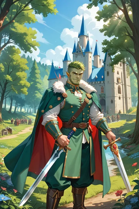 Game-style , , a man with a grim face wearing a coat and holding a sword, a green oak warrior, In the background, Gunma is also a male green orc warrior wearing a ,  tough , Behind the forest landscape, there is a medieval castle, ,  Sunlight Shining Throu...