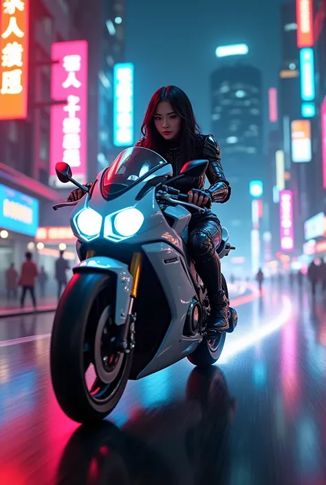 A beautiful Taiwanese woman riding a futuristic motorbike, wearing high-tech armor, speeds across a vibrant, neon-lit cityscape. The shining lights reflect off the sleek motorbike, enhancing the sense of speed and intensity. The combination of bright color...