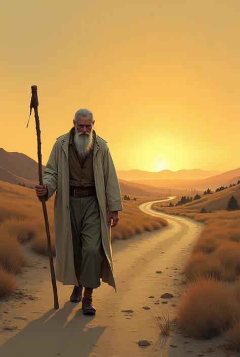  Illustration about an old lonely traveler with a beard and staff, in a white coat , walking along a deserted road into the sunset . 
