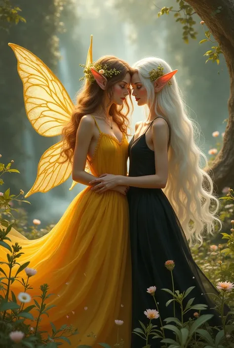 Make me a half-blond brown fairy , wearing a gold dress , golden wings and a flower headband next to a teenage elf long white movie,  with long ears and with a black dress  