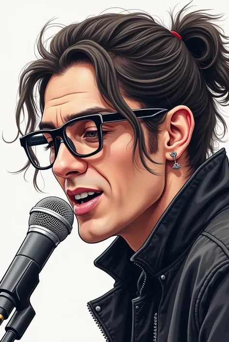  Draw a singer on stage , man,  dark hair gathered in a ponytail , on the face there are dark glasses ,  on your lip A small ring-shaped piercing , stud earring in your ear ,  sings into an oblong gray microphone