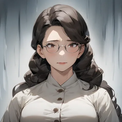 1 female, mature lady, (smiling:0.4), ((sad expression)) , very long wavy dark-brown hair, long eyelashes, brown eyes, large breasts, eyeglasses, white buttoned shirt, (in a hospital room), (half-body image:1.3), masterpiece, ultra HD, anime style, (my her...