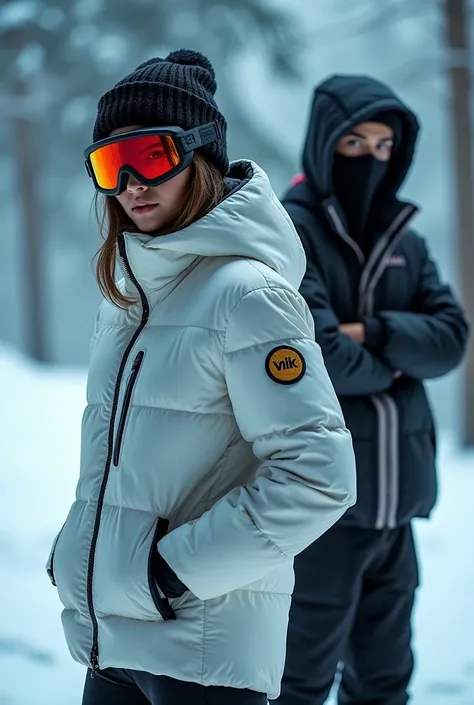 a high-fashion winter photoshoot scene featuring two models striking dynamic, edgy poses. The first model, wearing a sleek white insulated jacket with zipper details and a logo patch, stands confidently with one arm resting on their hip, slightly leaning f...