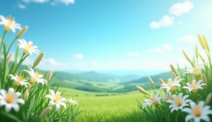 A country landscape with white lilies blooming in the wind, with a bright blue sky and stunning details in the movement of the flowers, in 4K 3D style