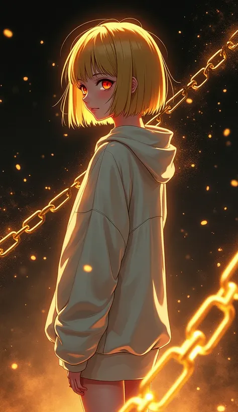  Anime 2d art : bob haircut, женщина from behind, from behind, красивая женщина блондинка со стрижкой каре turned around,dark red eyes deep red inside ,transparent tears, straight golden hair cut under the square, white oversized hoodie , white high boots ...