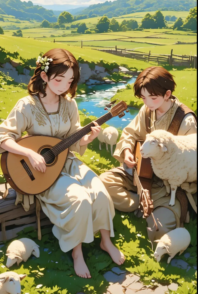 Pastoral Idyll/Idyllic/Pastoral idyll、 young woman、 playing the lute 、((( A young man playing a lute sings a song and plays with sheep:1.7)))、 Celtic Music 、Irish national costume、