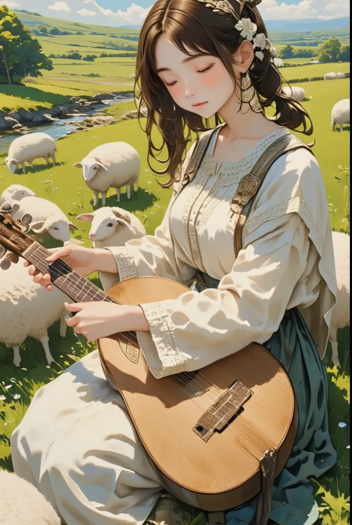 Pastoral Idyll/Idyllic/Pastoral idyll、 young woman、 playing the lute 、((( A young man playing a lute sings a song and plays with sheep:1.7)))、 Celtic Music 、Irish national costume、