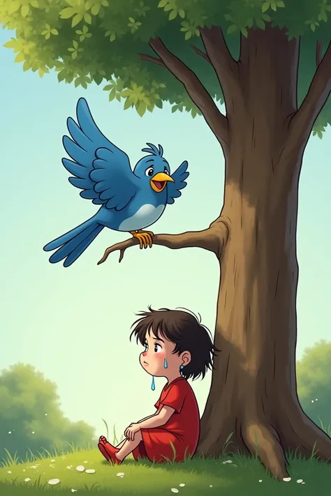 cartoon that has blue bird sitting at the tree in left side and a  crying girl below wearing red looking at the bird 