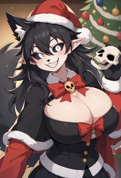 SCP 1471 black canine, all black furry body, female, wolf skull face, glowing white eyes, black sclera, black dog tail, black pointy ears, black hair christmas hat 聖誕老人服奘 Super huge big breasts breast enlargement big white eyes blush smile 一個人站都市 full-body...