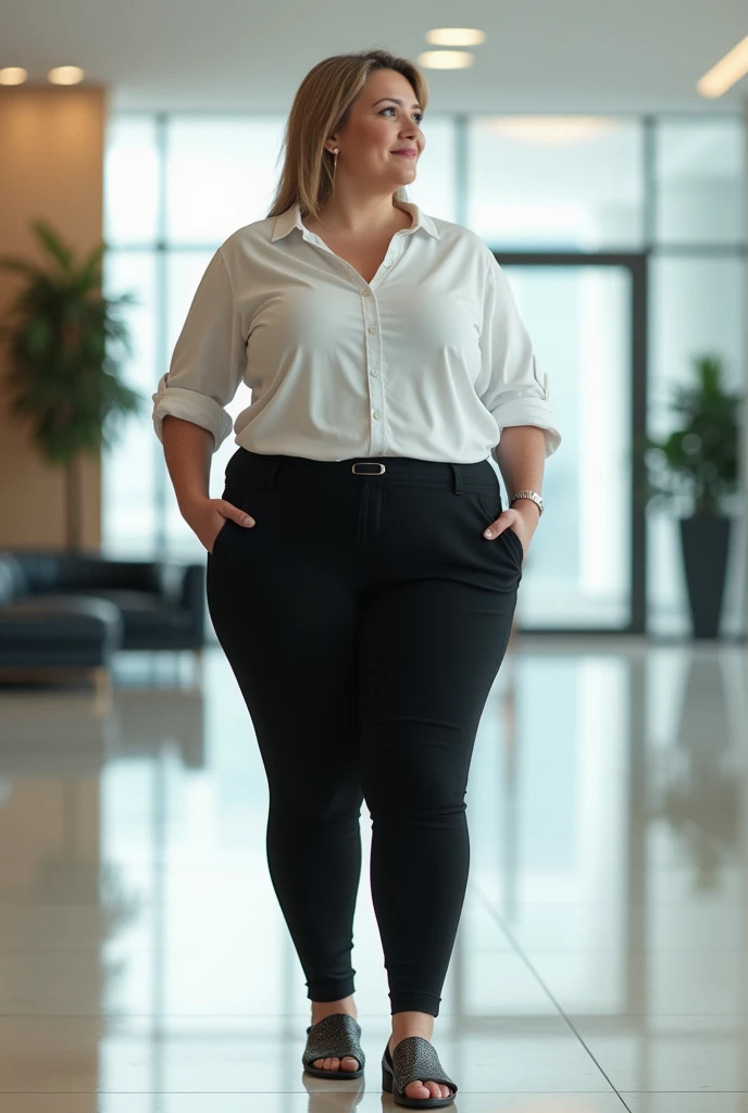 Fat 50 year old white woman, wearing black leggings, standing in a commercial business building lobby