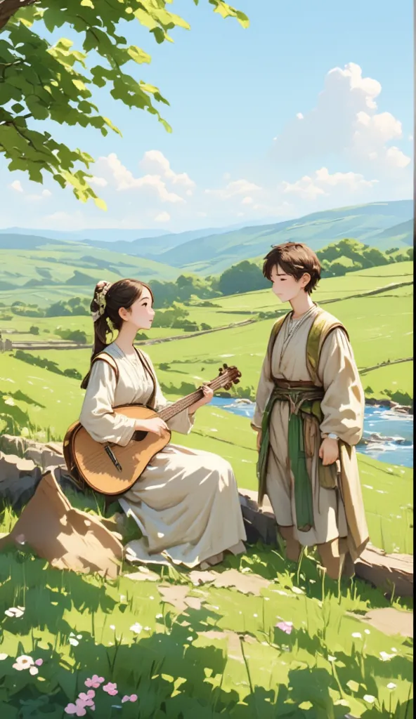 Pastoral Idyll/Idyllic/Pastoral idyll、 young woman、 playing the lute 、(((A young man sings a song:1.7)))、 Celtic Music 、Irish national costume、