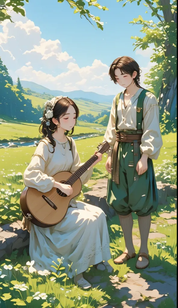 Pastoral Idyll/Idyllic/Pastoral idyll、 young woman、 playing the lute 、(((A young man sings a song:1.7)))、 Celtic Music 、Irish national costume、