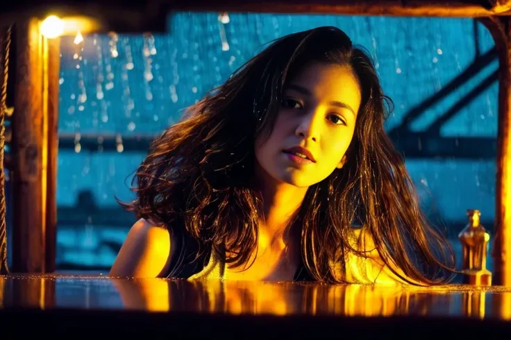 (((Aerial photography))), (((Pouring rain))),  a beautiful 20-year-old Japanese female pirate,  Beautiful Women: 1.54, Beautiful female pirate standing on the deck of an old sailboat pirate ship。 pictures of super beautiful and cute Japanese female pirates...