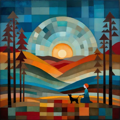 In the style of Andy Kehoe, Paul Klee, Tracy Grimwood.  In a forest clearing in winter, a woman is sitting, together with her (brown) Labrador dog, on a large blanket. Behind her is a wide valley with high snow-capped mountains. Sky with irregular glass re...