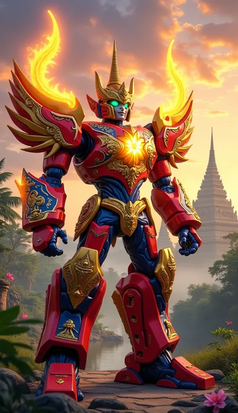 "A vibrant and dynamic transformer inspired by the rich culture and natural beauty of Thailand. Its design incorporates elements of traditional Thai architecture, with ornate armor resembling the golden spires of Buddhist temples and intricate patterns ins...