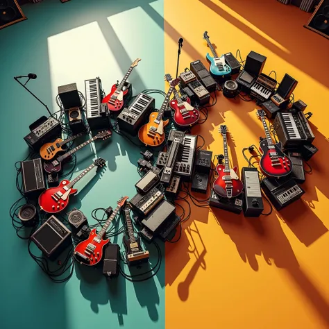 Music equipment (guitars, keyboards, microphones, etc.) arranged in the shape of an infinity symbol on the floor, with long shadows stretching out. The music equipment is intricately detailed. The floor is a bright color, enhancing the overall composition.