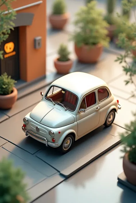 (masterpiece, best quality, best quality),Fiat 500 plastic model ,  isometric 3D diorama  ,Gentle lighting, is displayed in the showcase.