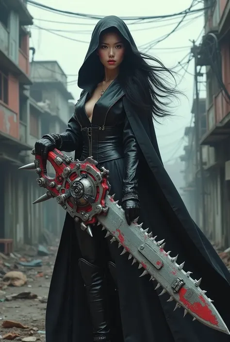 
Beautiful Taiwanese woman, black hair wearing a black hooded robe standing in a dystopian urban environment, holding a very large and highly detailed mechanical weapon. His weapon is a large, chainsaw-like sword with red accents, covered in complex mechan...