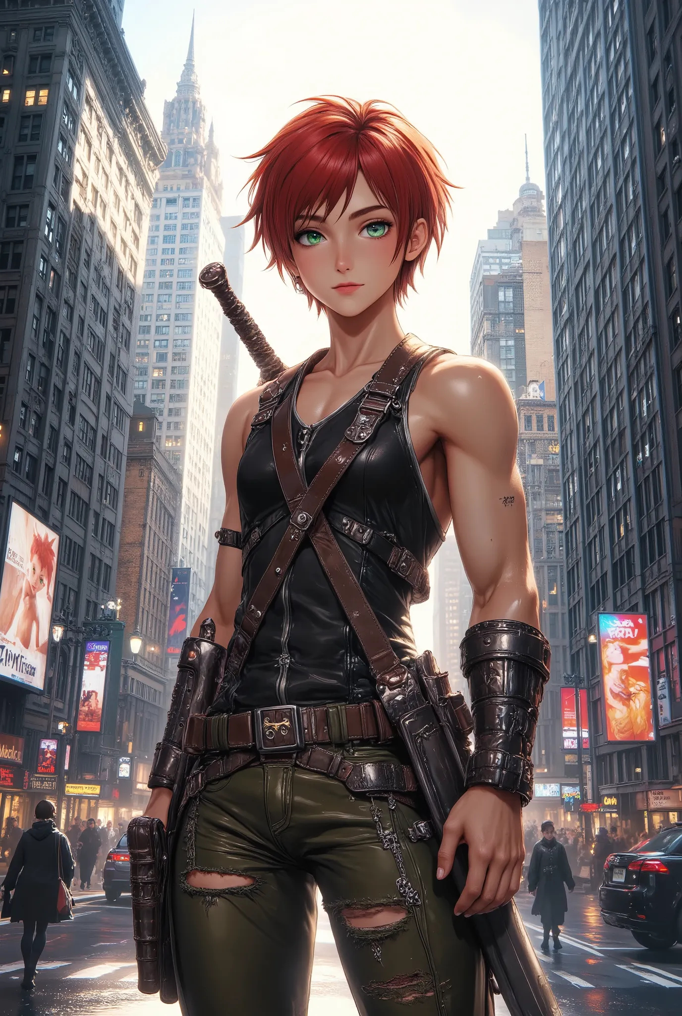 1boy, red short hair, green eyes, wear sleeveless military vest, leather harness, short torn pants, shine tan skin, sword, beaut...