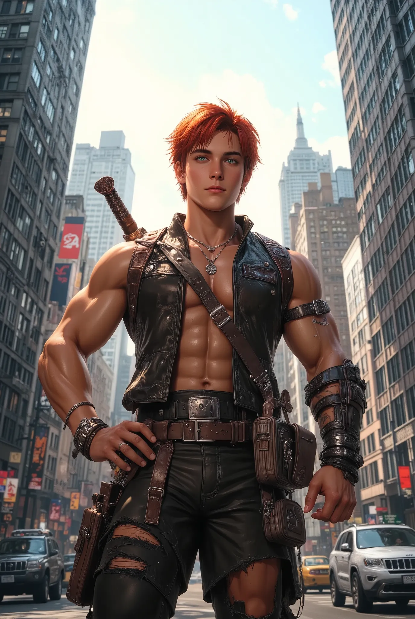 1boy, red short hair, green eyes, wear sleeveless military vest, leather harness, short torn pants, shine tan skin, sword, beautiful legs, solo, standing on newyork city street, skyscraper, realistic background, studio lighting, soft focus, physically-base...