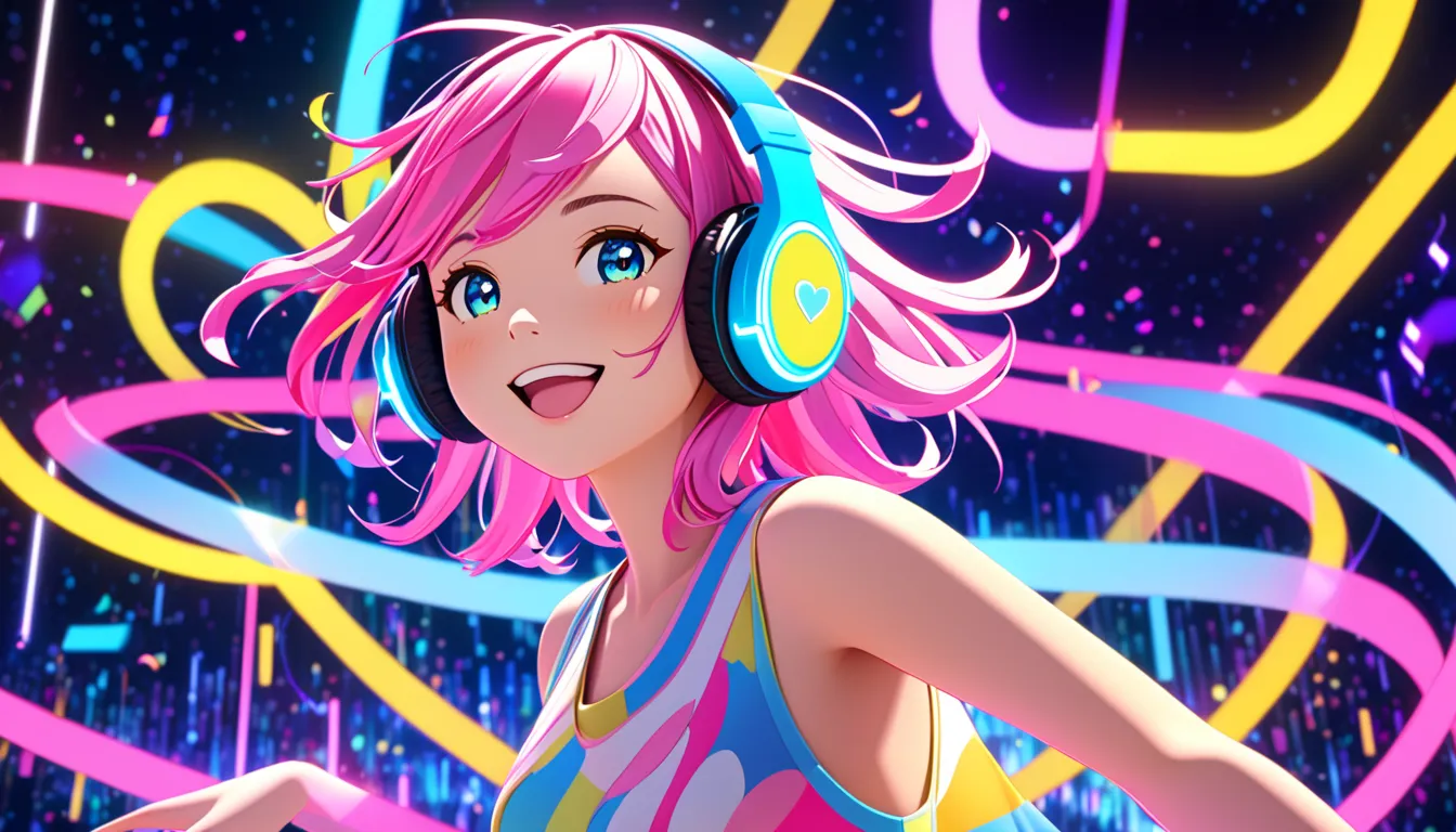 a close-up 3d cgi rendering of a cute and vibrant female character inspired by the song lyrics 'rhythmic collision.' she has glo...