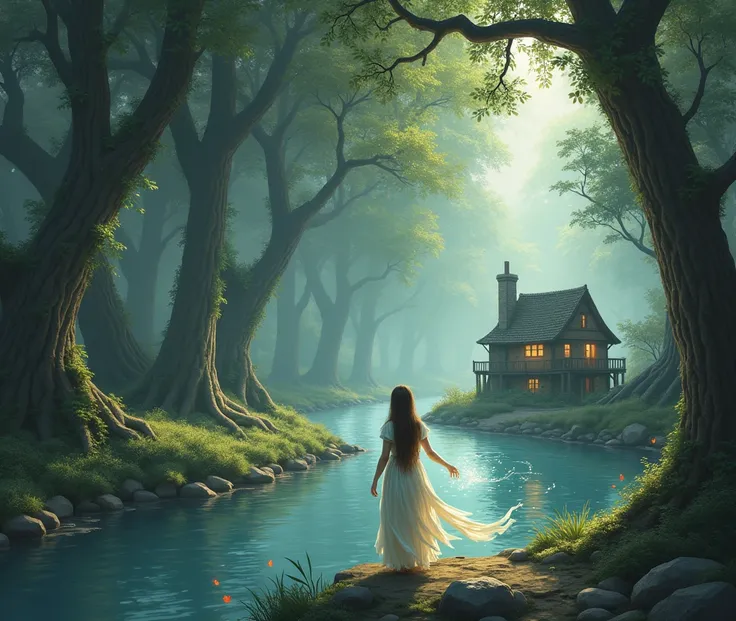 
a river, house, fantasy, the forest, woman magician