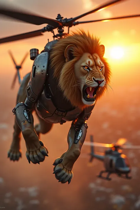 In a high-altitude showdown, a powerful lion with rotor blades instead of a mane faces a rival airborne beast. The lion, now part helicopter, hovers in the sky, its fierce eyes locked on its opponent. The sun sets behind them, casting a fiery glow on the m...