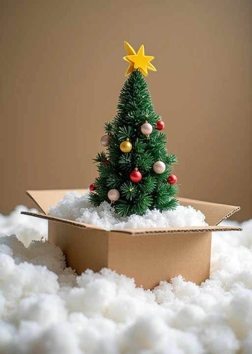 christmas tree imitation and snow imitation in a carton box