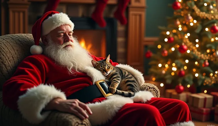 a realistic photo of Santa Claus sleeping on a sofa in a cosy room, a cat is alseep on his lap, in the background is a burning fireplace with hanging stockings and a Christmas tree with Christmas decorations around, Christmas Scene In a cozy room in the wi...