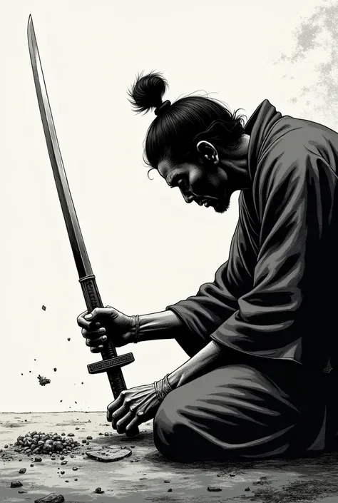 Create an image of a inoue takehiko manga with a samurai cleaning a sword black and white 