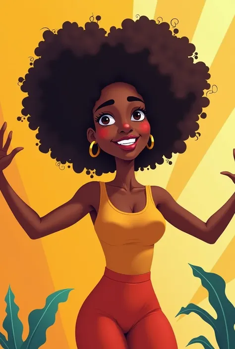 Une femme  noire afro écarte bras  en 2D cartoon