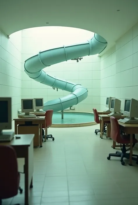 Liminal space, poolrooms ,  white tile walls ,  vhs filter or blurry ,  circular water slide ,  old computers with windows 98 ,  office tables ,  desk chairs for tables ,  computers above tables