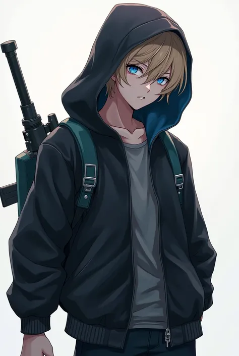 hood,  best quality, HD Model boy, detail,  short hair, blue eyes, neutral, plain background, anime, 17 anos, casaco preto e personagem de anime com uma mochila e uma arma em uma cidade, calças cargo. cidade cyberpunk, 