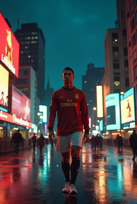 Warner Bros style film, in the center of the image, O Cristiano Ronaldo walking in the city, night atmosphere, Ultra HD quality, best quality, high quality, realistic, clear quality, ultra-realistic and realistic, best quality, a city setting.