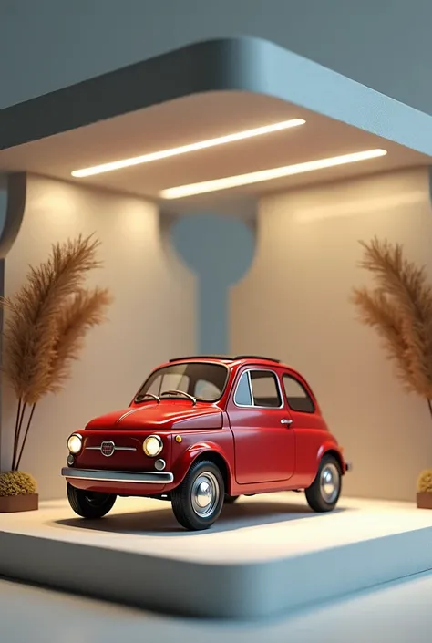 (masterpiece, best quality, best quality),Fiat 500 ,  isometric 3D diorama  ,Gentle lighting, is displayed in the showcase. from the front