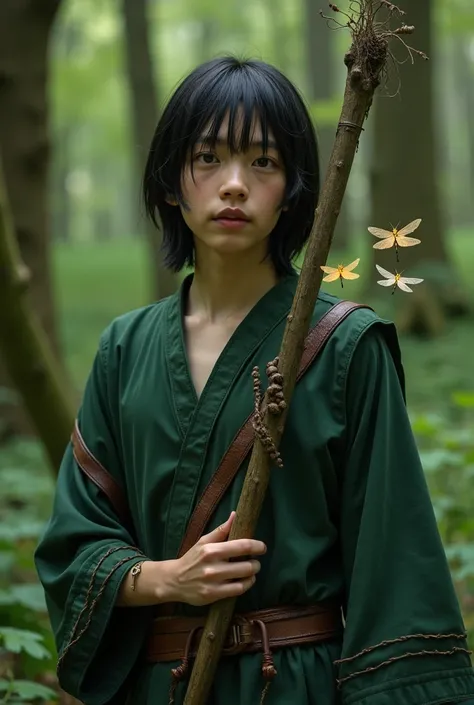 The most handsome young man showing her full face background.Half-faced pretty girl in the forest ,A young white man, with very low black hair, wearing a dark green clothes, with some leather lines around his arms, holding a wooden green staff, with some r...