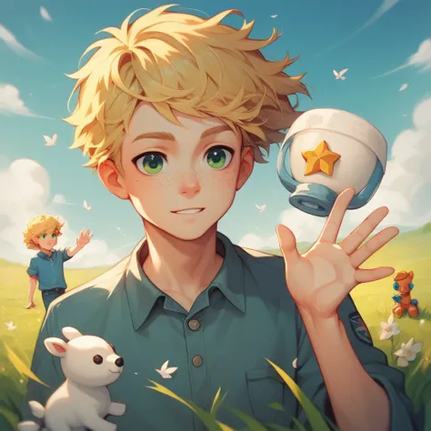 1 boy, androgeno, Blonde hair that touches the ground,  green eyes, freckles on the face, field,  hair waving in the wind, White candle , toys.