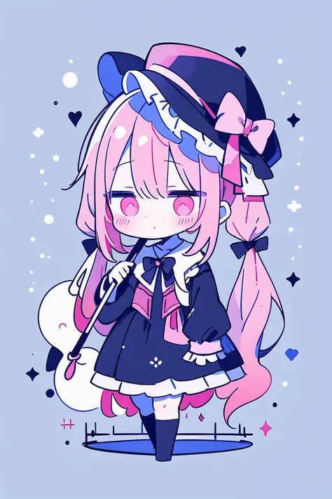 masterpiece, 最   High Quality   ,    High Quality   ,   super detailed,    ghost princess   , Aura of ghosts and cherry blossoms, Holding a cute umbrella, black and pink gothic costume wearing a black silk hat with ribbon  ,   two curly pigtails tied with ...