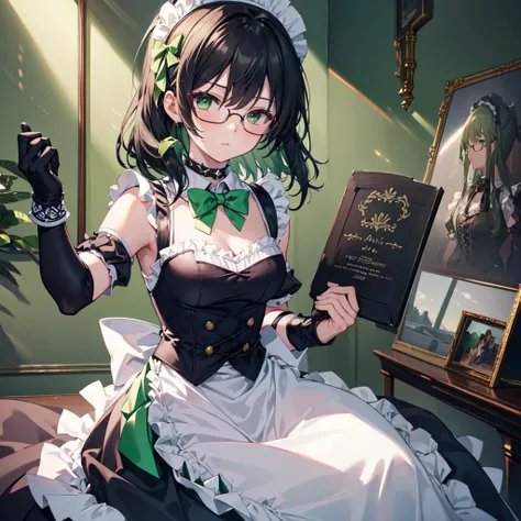  high definition ,  sharp concentration, pixiv masterpiece, (( intricate detail)),  high definition, Yuri Alpha,  1 girl,  black hair, (Green wristband, Green Gauntlets, spike,:1.1) Glasses, Green Eyes, Maid,  Single Hair Bang,  dress,  choker,  bow tie, M...