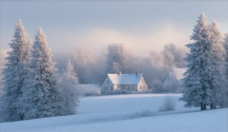 a snowy, sunny field with large Christmas trees and warm-looking houses in the distance