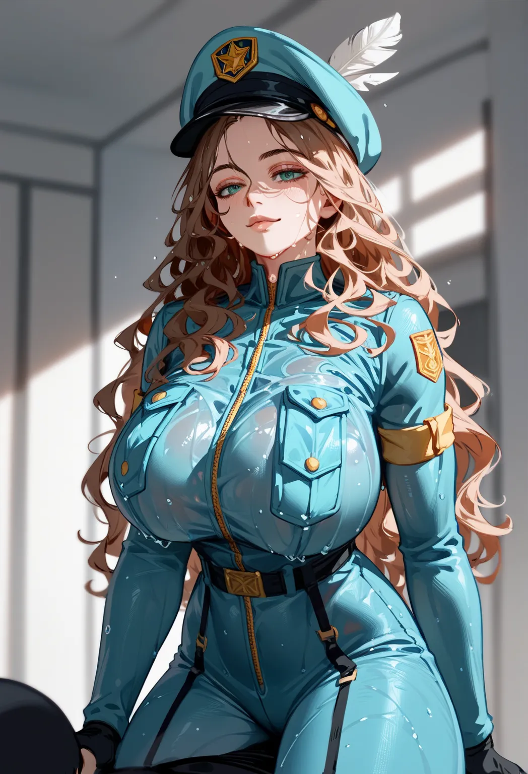 Vexahlia, long brown wavy hair, 35 years old, teal ranger outfit, hair feather, big breasts, detailing face, detailing body, Wet body, hanging breasts, wide hips, very muscular bulky bodybuilder, riding cowgirl