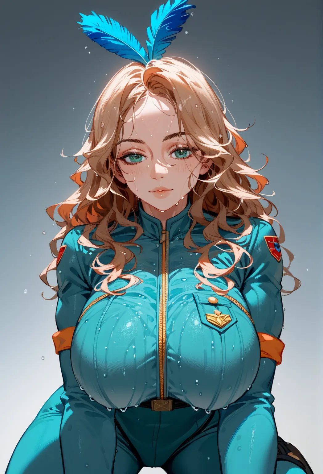 vex'ahlia, long brown wavy hair, 35 years old, teal ranger outfit, hair feather, big breasts, detailing face, detailing body, we...