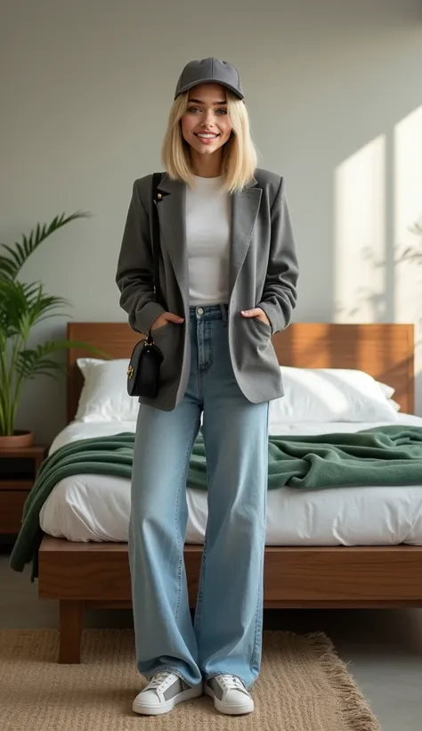 Beautiful (((Latina))) girl named Luna, full body shot, (((full body))), middle length blond  gradient hair, bob cut hairstyle, 20 years old, light tanned, playful smiling,  wearing a gray blazer paired with a matching gray denim cap, long white t-shirt, w...