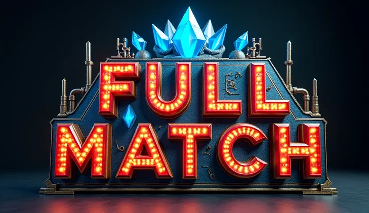 A 3D render of a futuristic or magical artifact shaped like the word FULL MATCH. The letters are intricately designed with a predominantly red and gold color scheme, adorned with blue glowing patterns. The letter U in FUll Match is a lens-like structure, w...