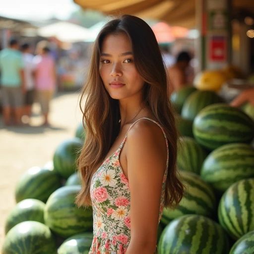 [A young woman with long brown hair, wearing a floral sundress, stands confidently amidst a large pile of watermelons at an outdoor market.  She looks directly at the camera with a serene expression.], [Photography, lifestyle/fashion], [Similar style to th...